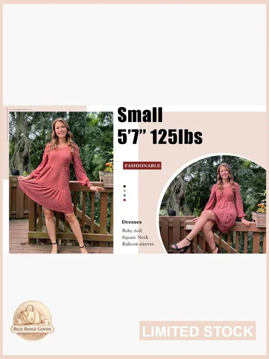 Square Neck Babydoll Sweater Dress Long Sleeve Flowy Casual Fall Fashion - Picture 7 of 7